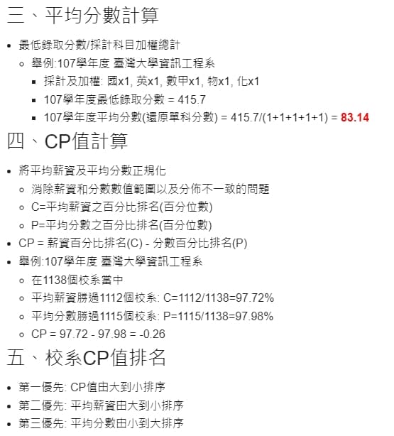 中華大學的「校系CP值」的算法為「CP = 薪資百分比排名(C) - 分數百分比排名(P)」。(翻攝自「2022 中華大學資訊工程系 資料探勘實驗室」網頁)