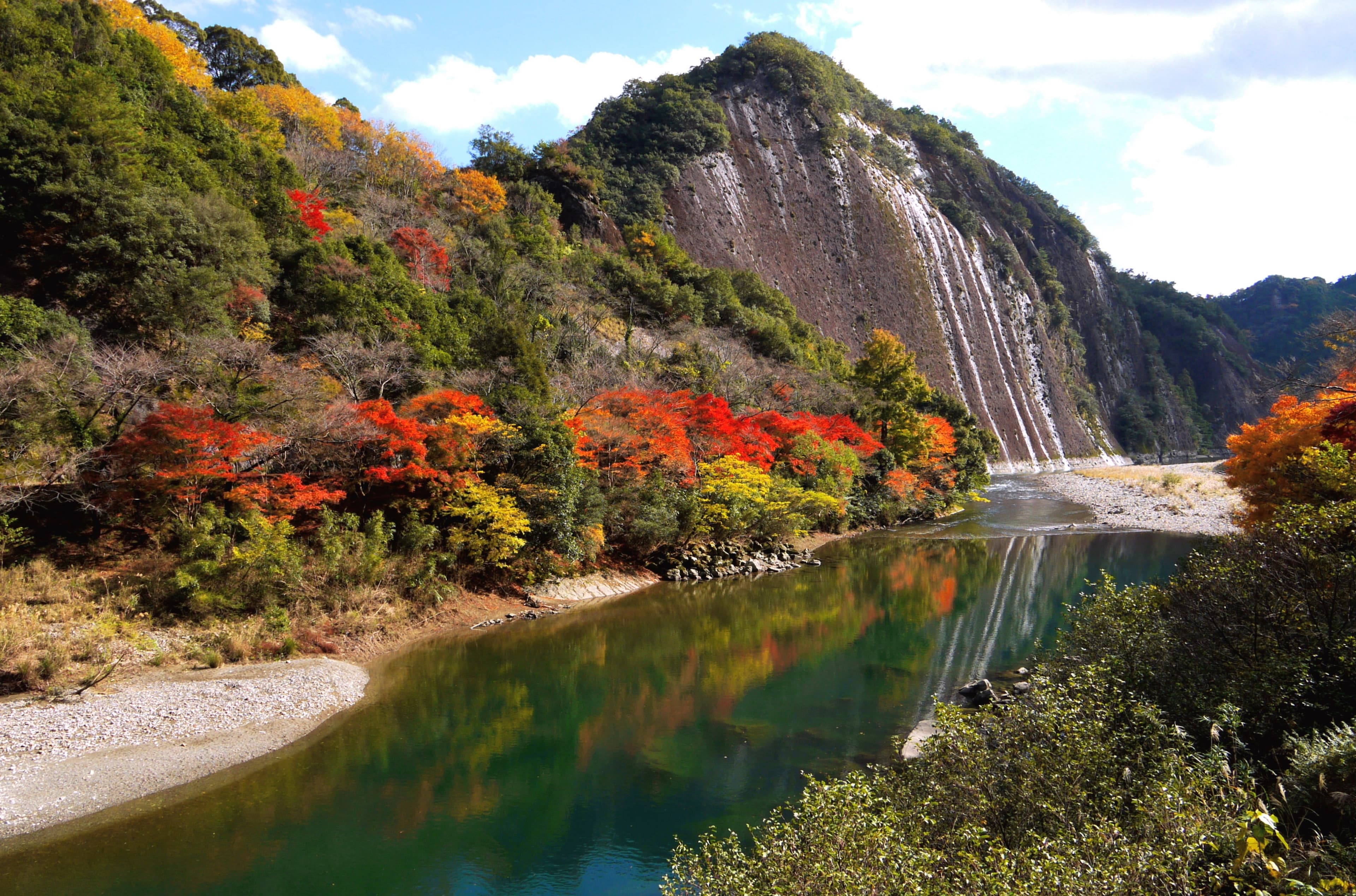 被指定為天然紀念物的一枚岩秋季景象。(古座川町提供)
