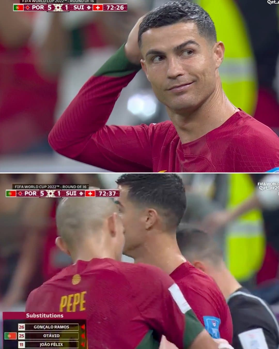 C羅從板凳出發,剛上場的尷尬表情全被拍下。(轉載自推特@ESPNFC)