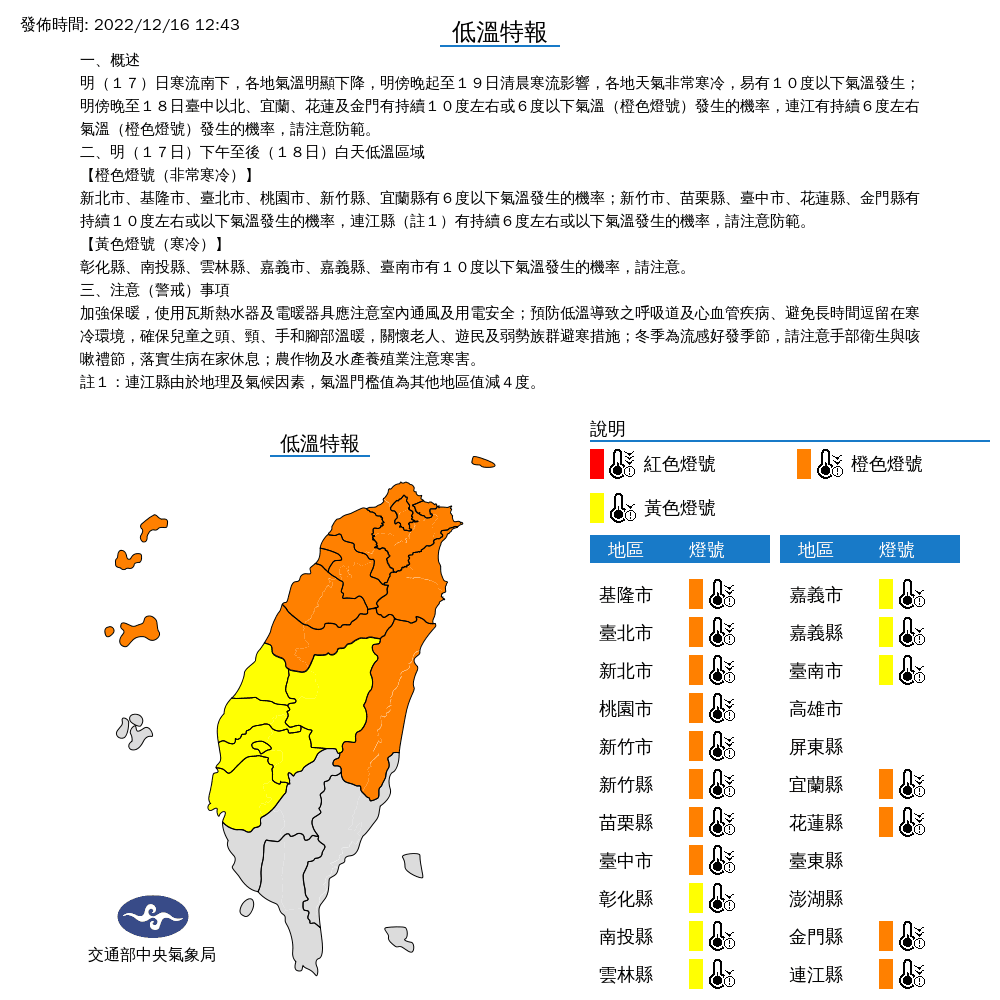 寒流即將南下,氣象局今天也針對18縣市發布「低溫特報」。(中央氣象局提供)
