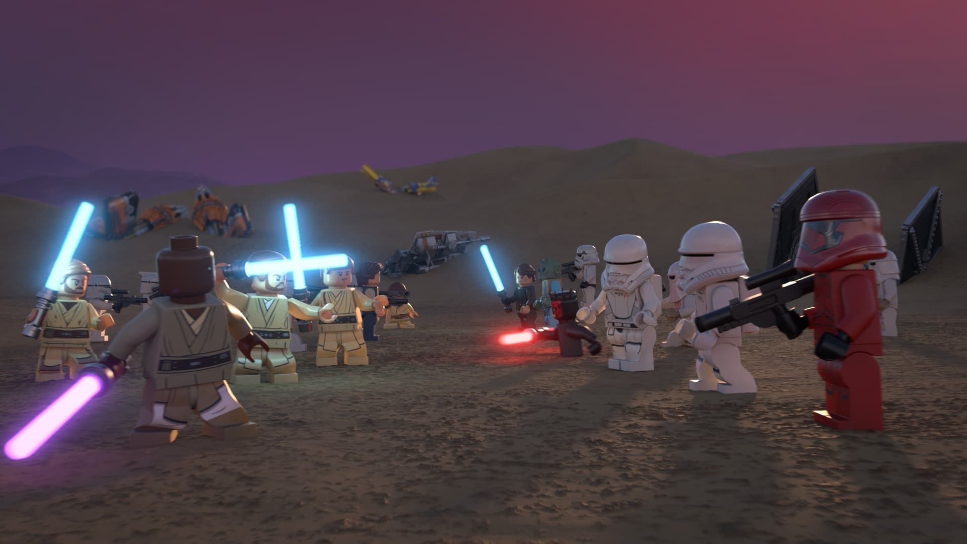 《星際大戰》的眾多角色,通通以Q版的LEGO公仔演出《LEGO星際大戰:聖誕特輯》。(Disney+提供)