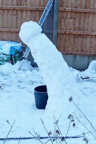 英國一名父親與孩子們在戶外堆雪人,結果隔天雪人融化的模樣連他自己都笑了。(翻攝自推特)