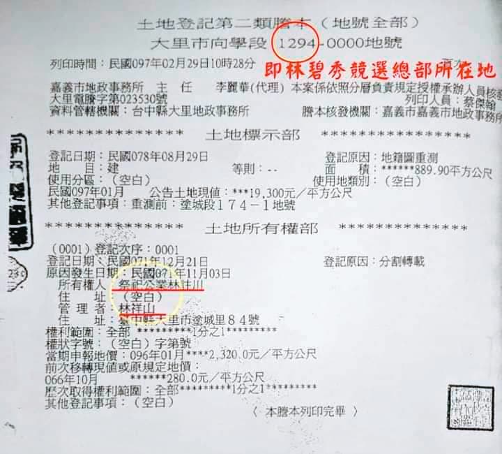 資料顯示,林碧秀競選總部所在地,的確是「祭祀公業林註川」所有。(讀者提供)