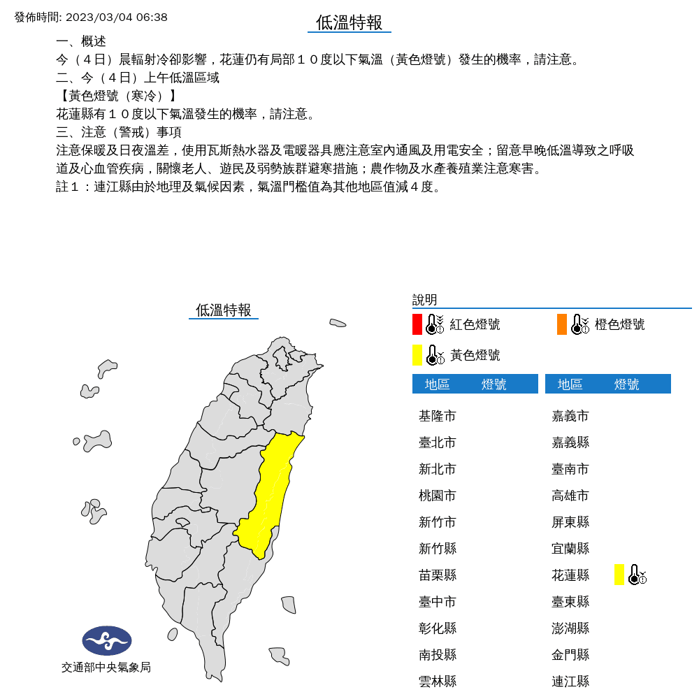 氣象局釋出「低溫特報」資訊,花蓮縣亮起黃色警示燈。(中央氣象局提供)