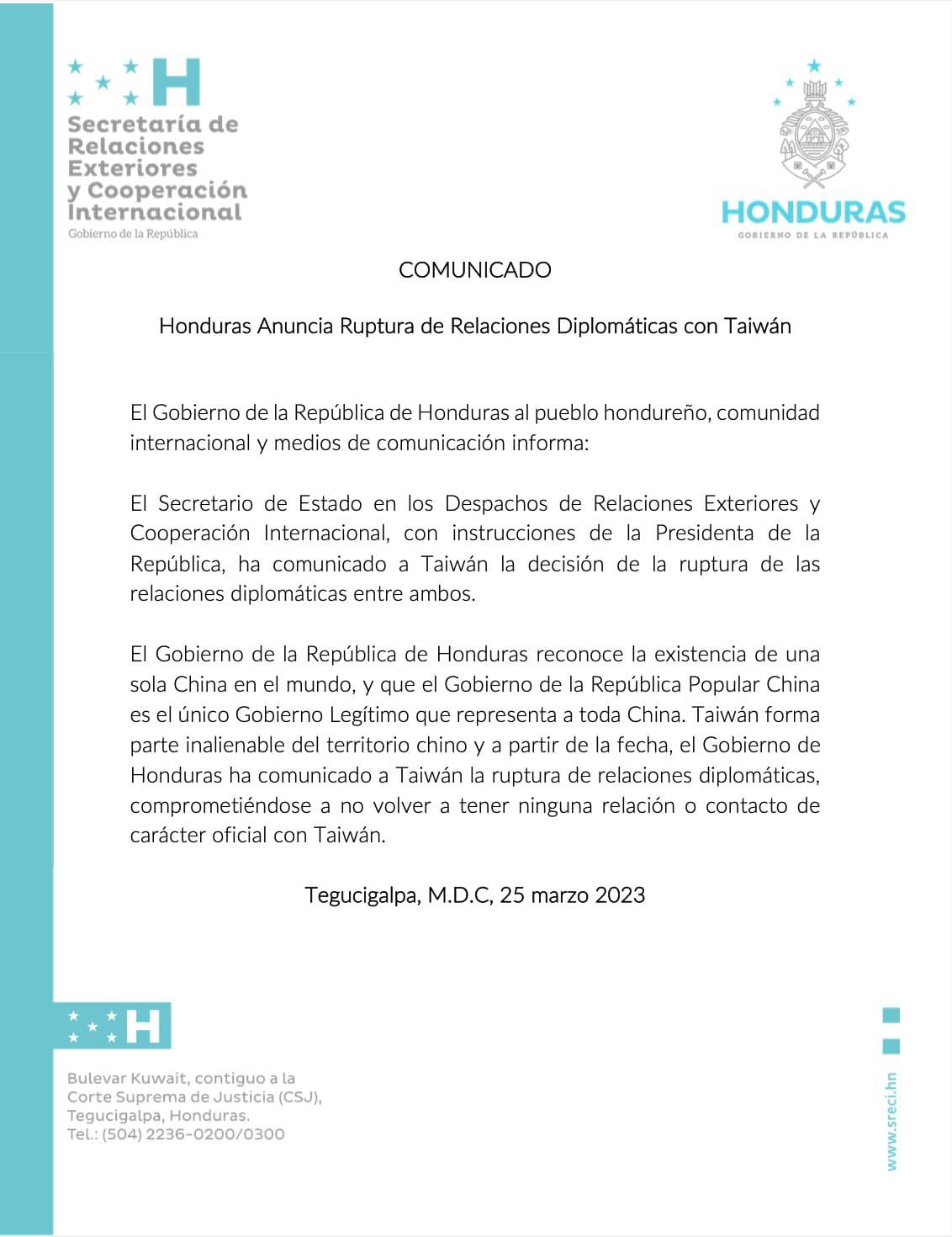宏都拉斯斷交聲明文。(翻攝自Cancillería Honduras Twitter)