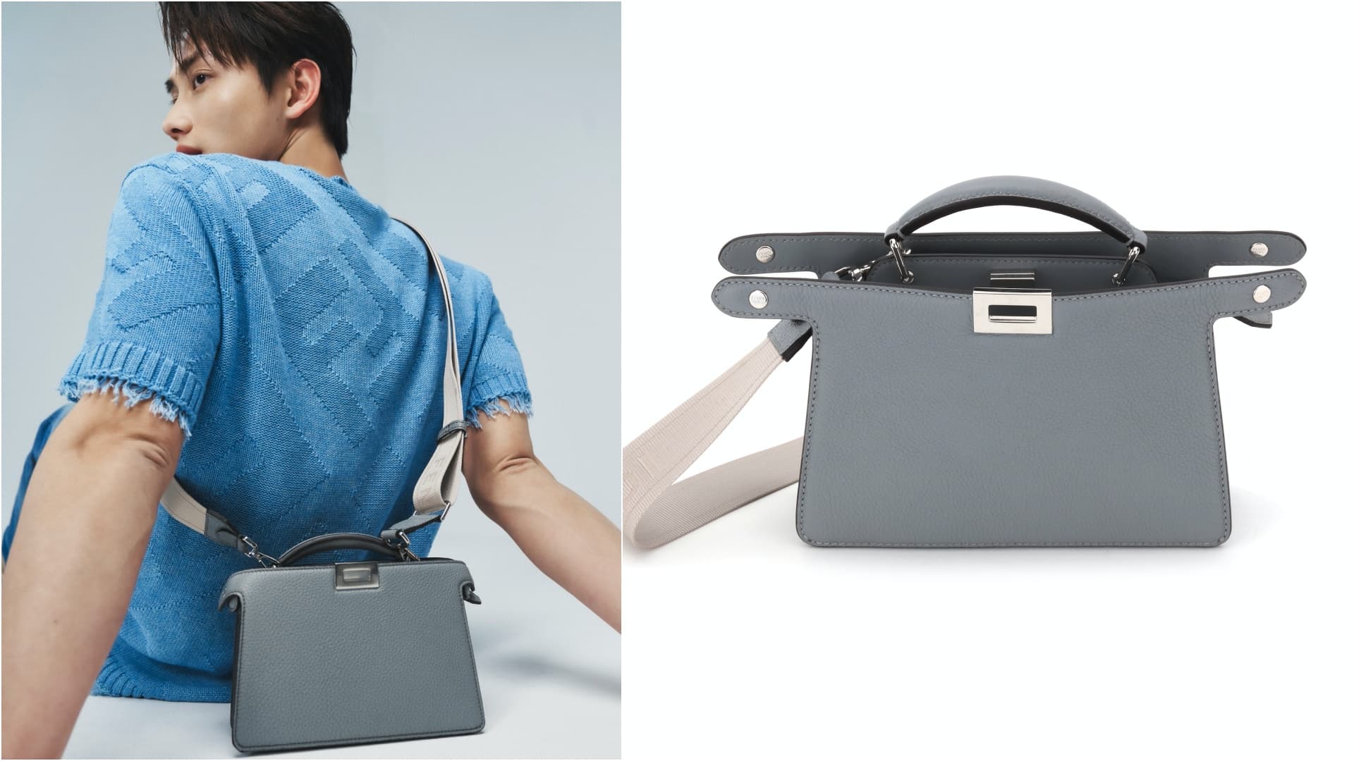 范少勳以藍色上衣搭配瀝青灰色Peekaboo ISeeU XCross。NT$112,000(FENDI提供)
