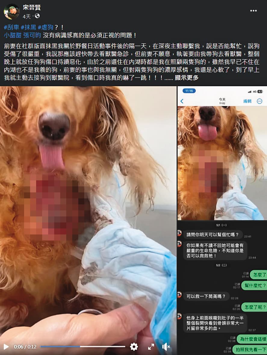 宋晉賢在臉書貼出狗狗大面積傷口照片,怒批前妻小甜甜疑似虐狗。(翻攝自宋晉賢臉書)