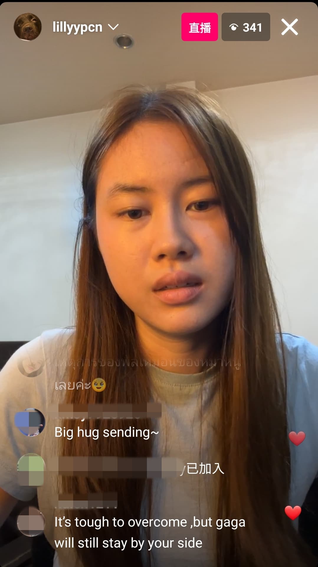 Prem的妹妹開直播泣訴失去愛犬的悲痛,透露Prem也非常傷心,「但他知道該往前走。」(截圖自lilyypcn ins)