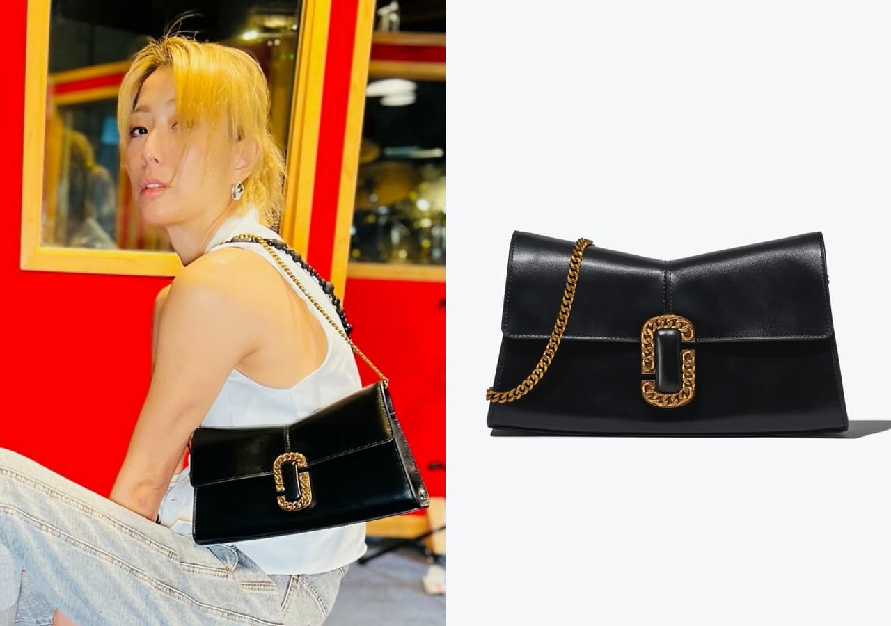 鄭秀文以簡單穿著搭配Marc Jacobs St. Marc暗夜黑皮革肩揹晚宴包,NT$19,900。(俊思提供)