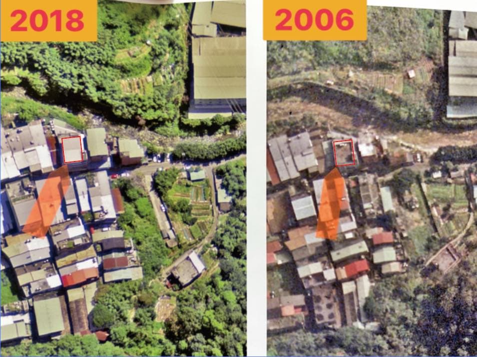 張志豪貼出2006年與2018年的空拍圖,直指頂樓、後方增建物均不同。(翻攝自臉書@新北市議員張錦豪)