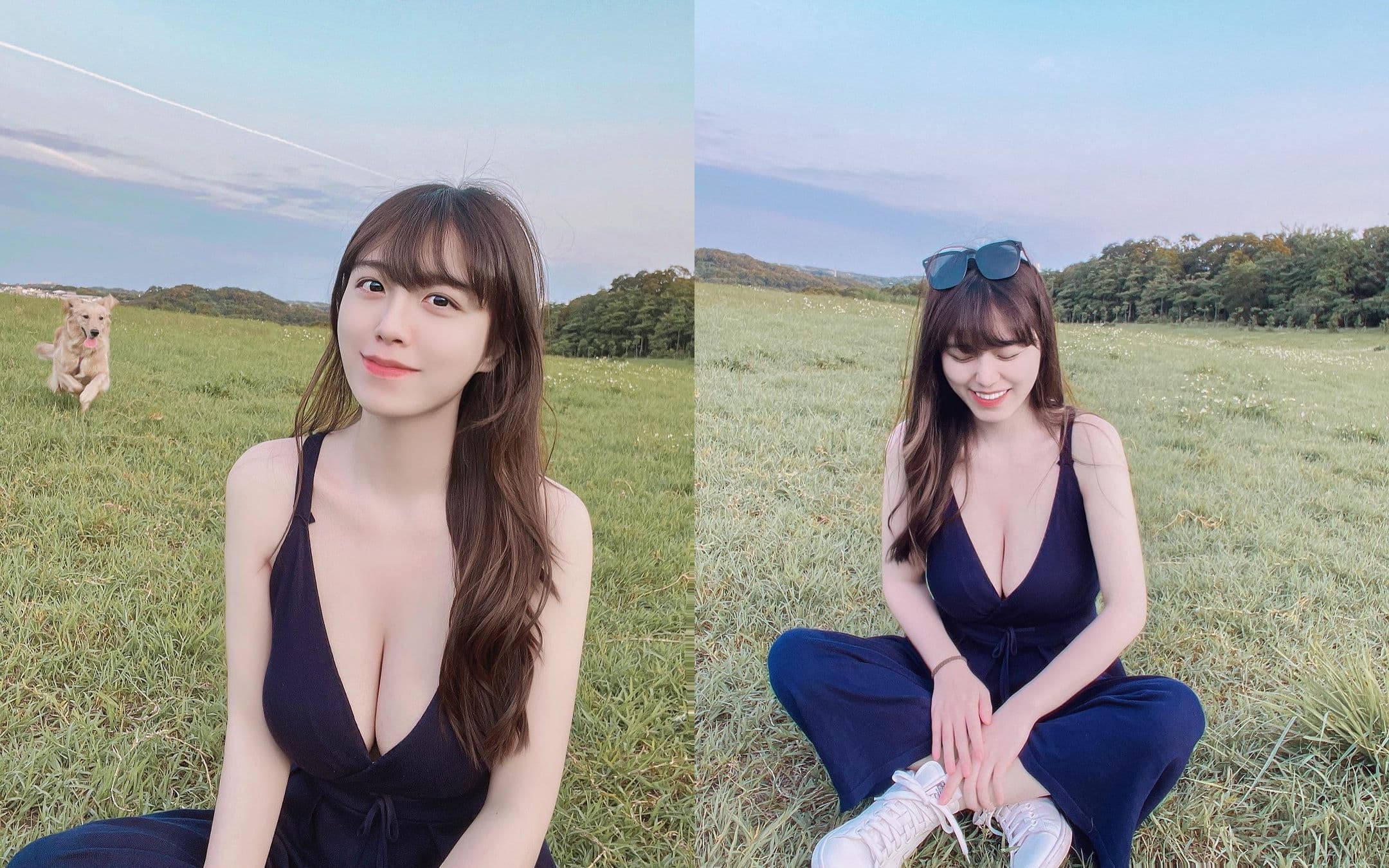 李佩瑾坐在草地拍美照,遠處一隻狗狗朝她飛奔而來將她撲倒。(翻攝IG@sandyi01314)