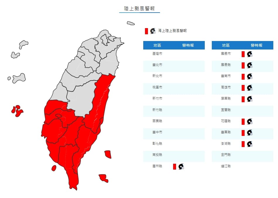 中央氣象局發布陸上颱風警戒。(中央氣象局提供)