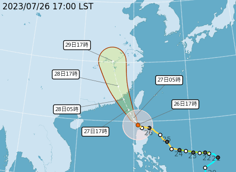 杜蘇芮颱風潛勢路徑預測。(中央氣象局提供)