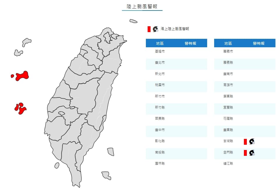 中央氣象局發布陸上颱風警報。(中央氣象局提供)