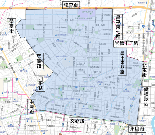 北屯區停水範圍(藍色區域)。(台中市經發局提供)