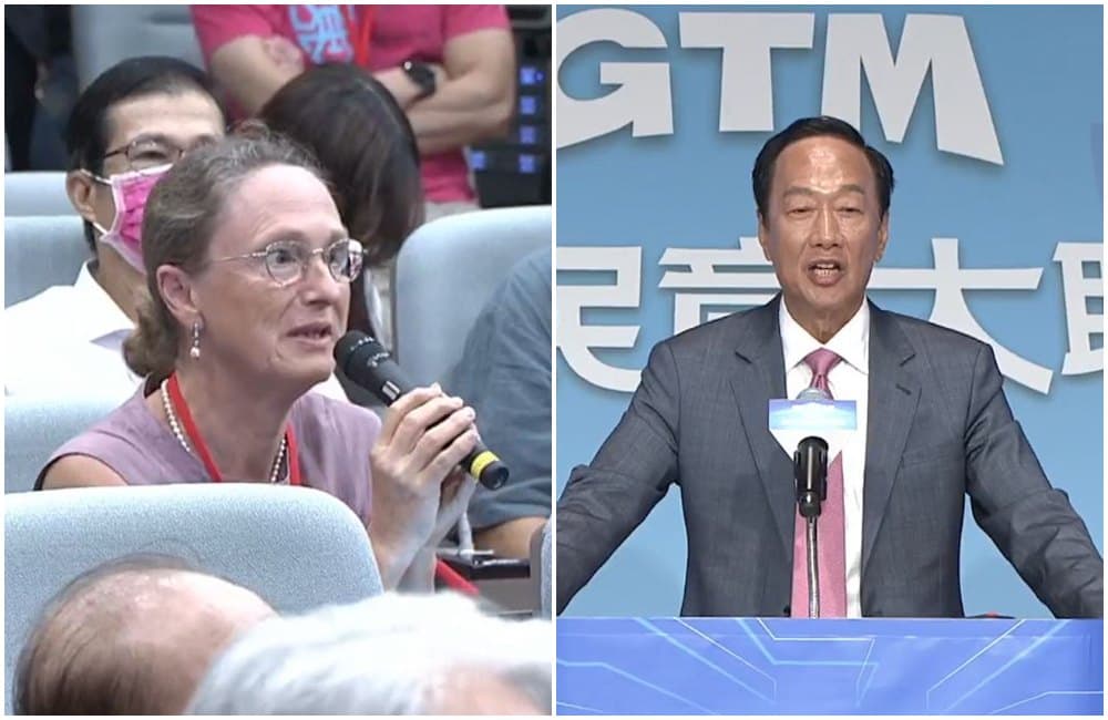 郭台銘回應《金融時報》記者有關個人財產與鴻海股份切割問題。(翻攝郭台銘記者會直播畫面)