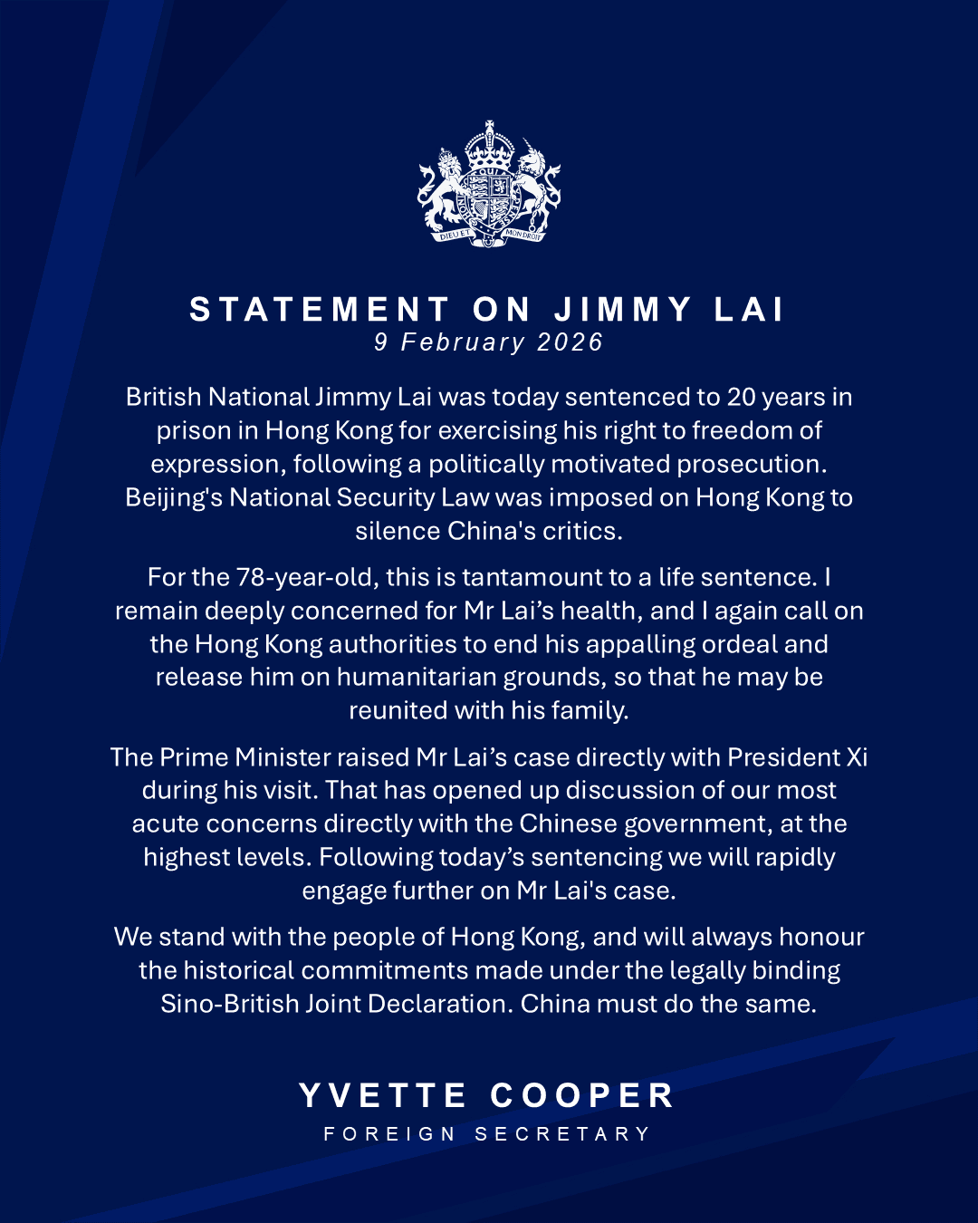 英國外交大臣庫柏喊話釋放英國公民黎智英。(翻攝自X@FCDOGovUK)