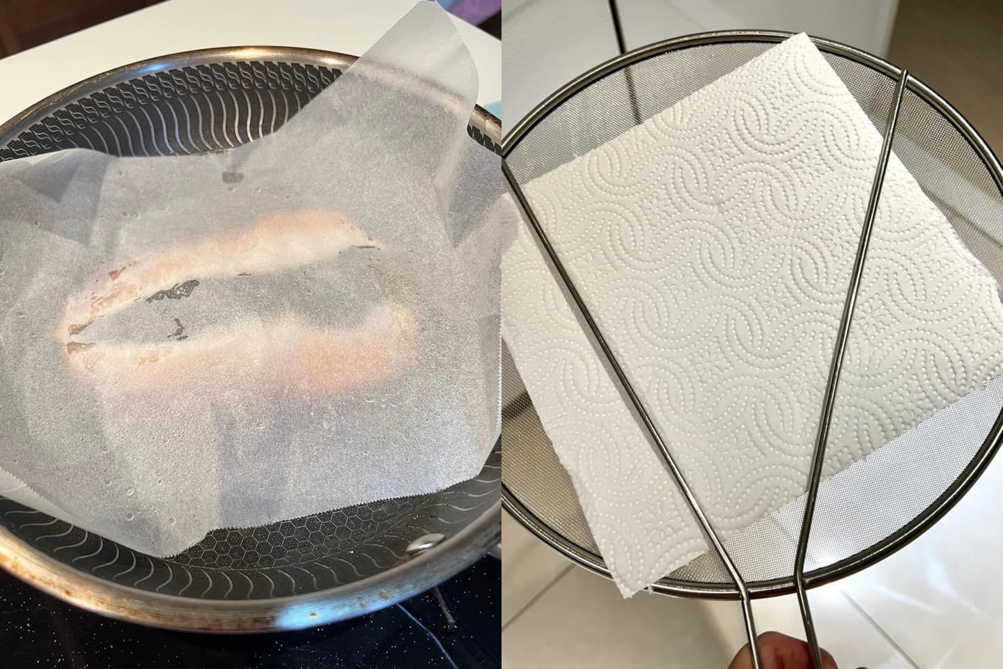 網友指出使用烘焙紙或防噴油網可以有效防止油噴濺。(翻攝臉書社團「家常菜」)