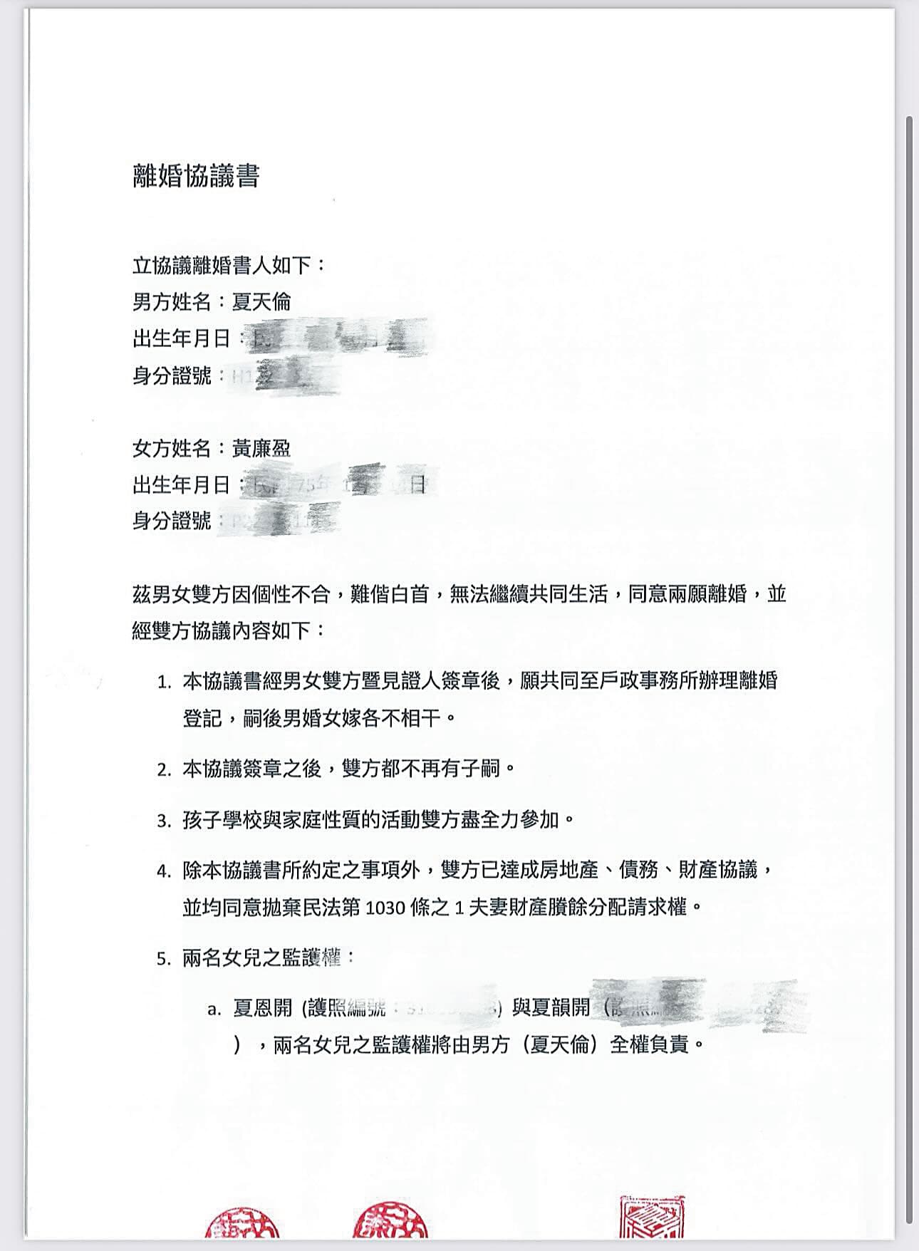 夏天倫在社群上秀出和夏黃廉盈的離婚協議書。(翻攝自夏天倫Threads)