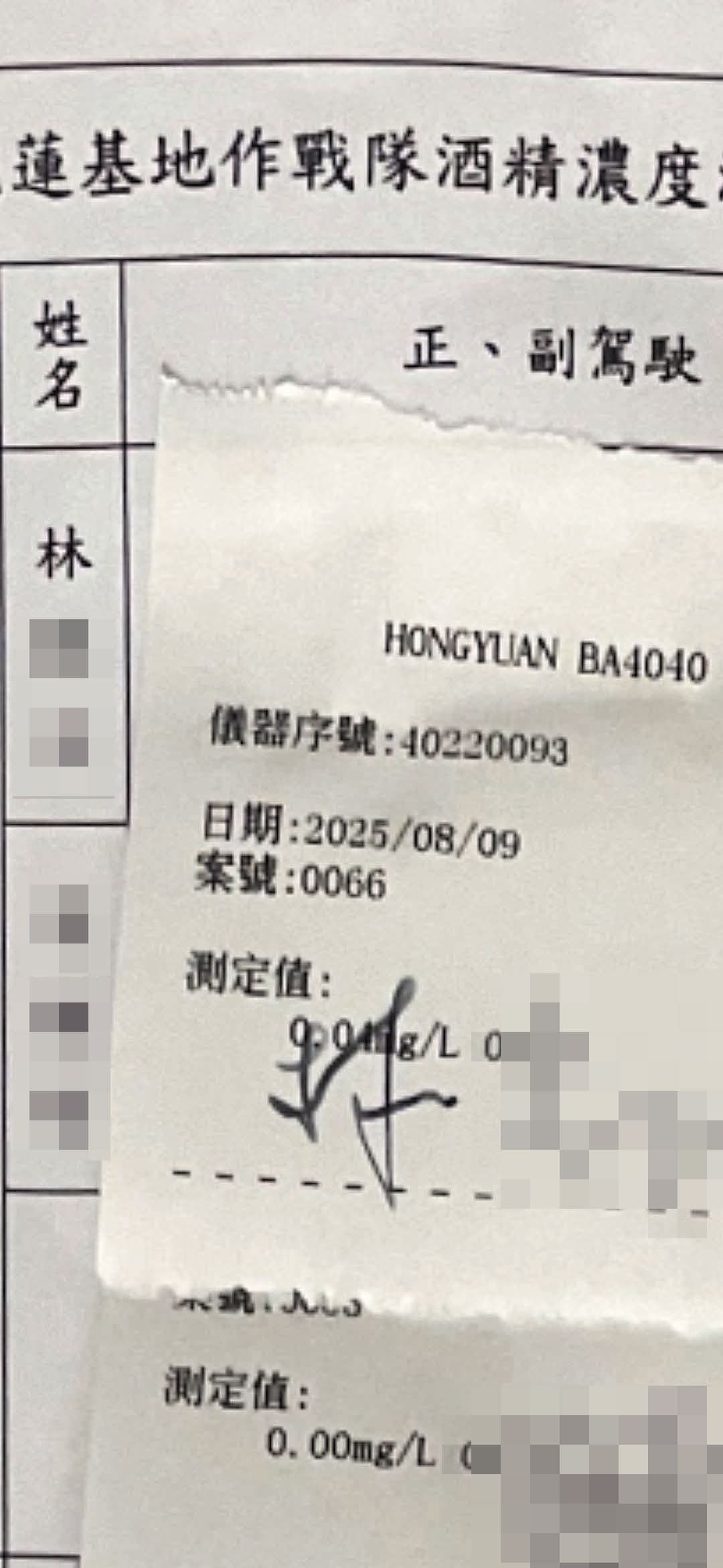 林姓飛官酒測值0.04毫克/升,依規定不能飛,卻仍執行警戒待命勤務。(讀者提供)