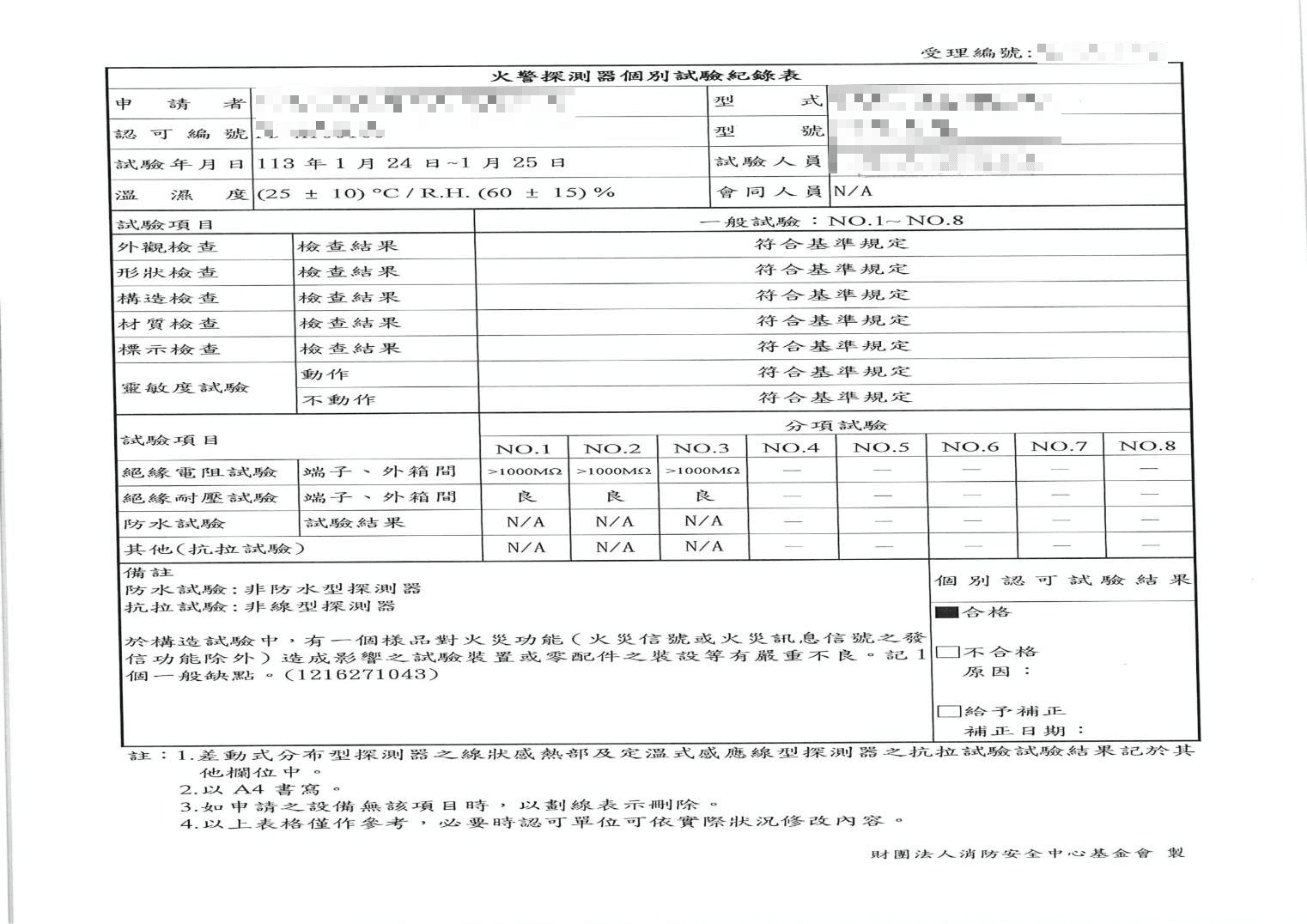 檢驗人員於紀錄表中註記防火產品的構造試驗及靈敏度試驗均有嚴重不良或不合格,但最終結果竟被判合格。 (讀者提供)