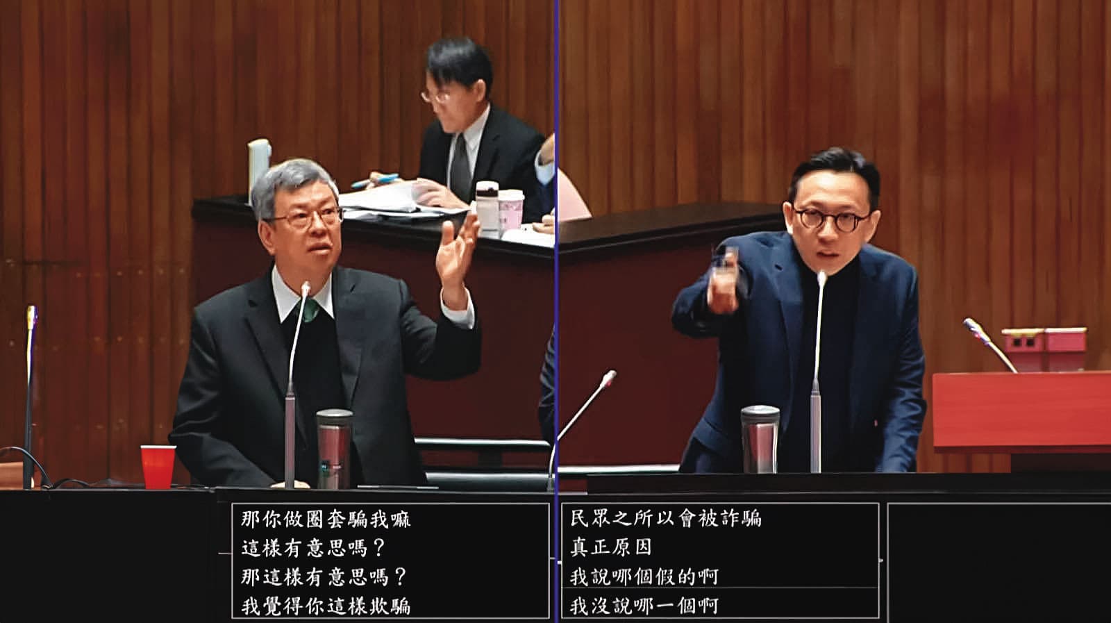 形象溫和的陳建仁(左)日前總質詢時態度大變,頻頻向藍委葛如鈞(右)等人嗆聲。(翻攝國會頻道)