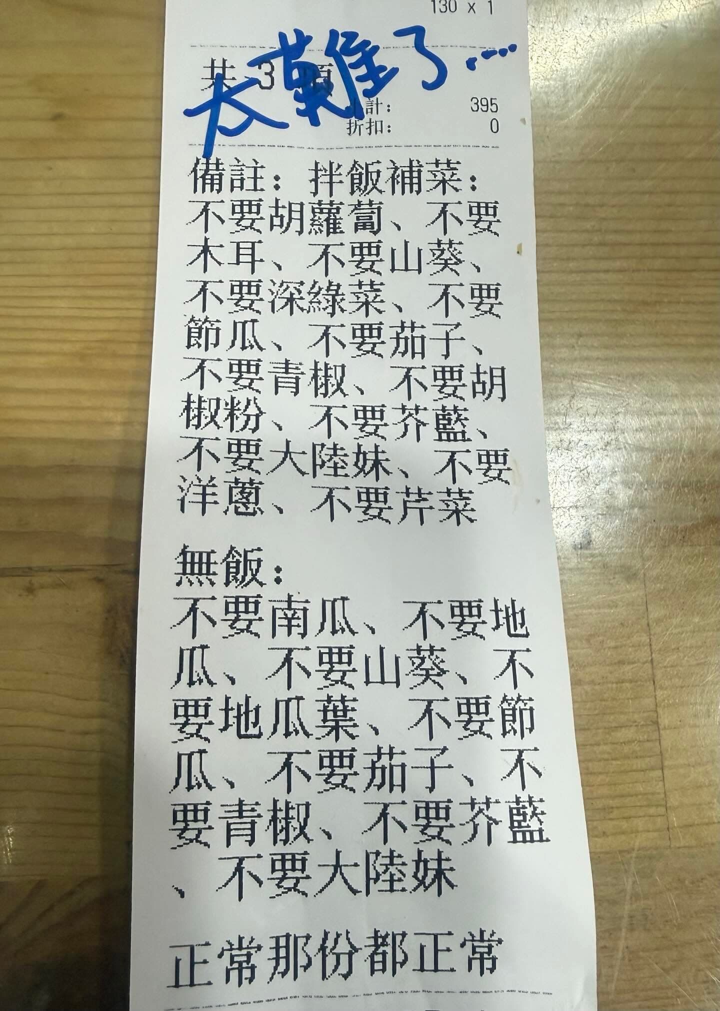 台南一家健康餐盒店家,日前收到一張備註寫滿「不要」的訂單,老闆發文自嘲「客製到懷疑人生」。(業者授權提供)