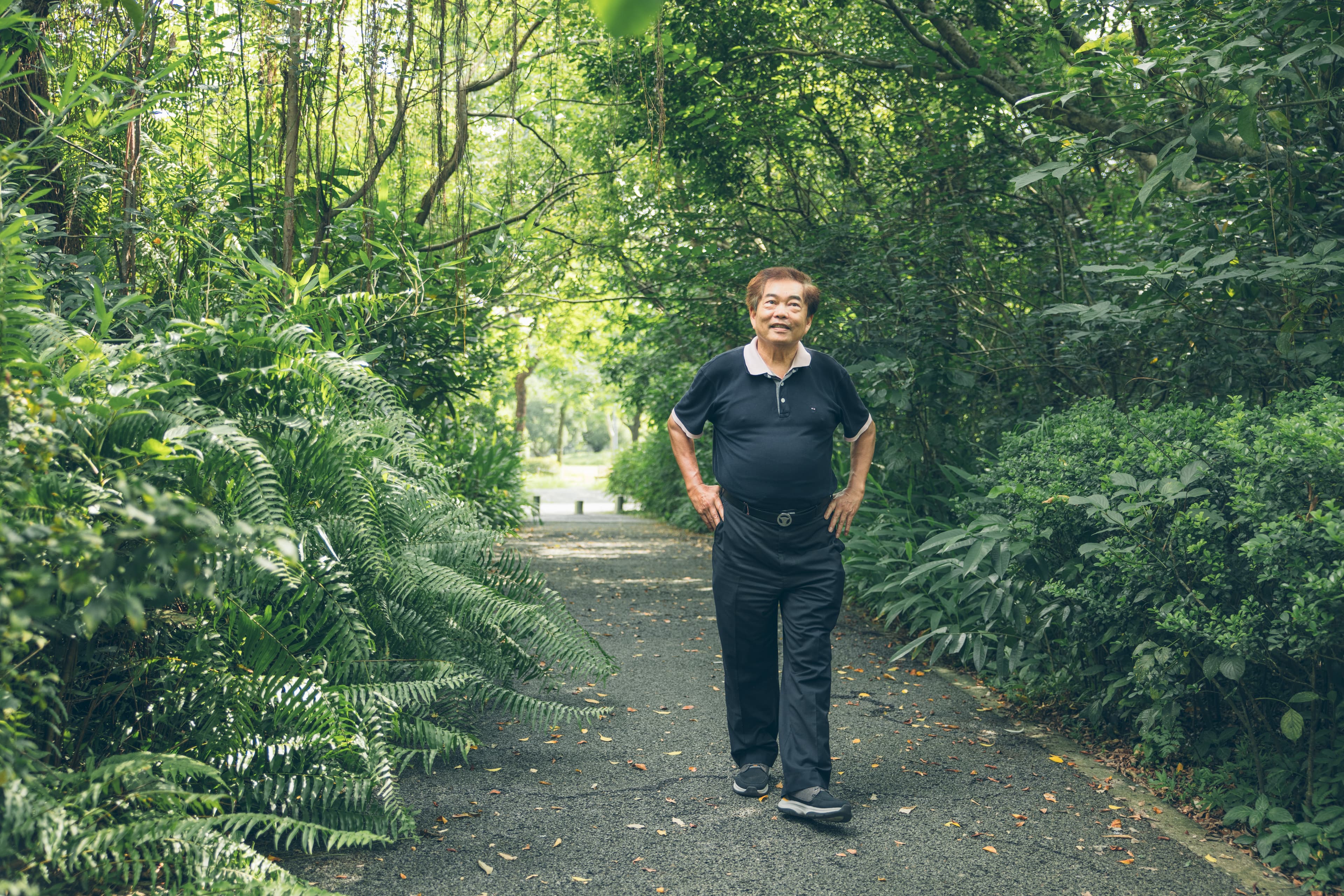 走在大安森林公園的螢火蟲復育區,執行長楊平世聊起過程如數家珍。(大安森林公園之友基金會提供)