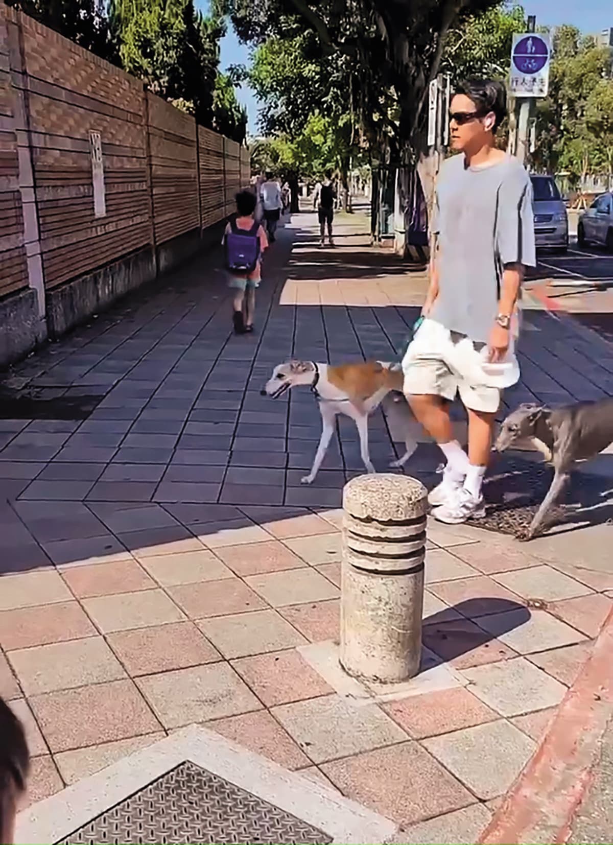 網友拍孩子上學影片,彭于晏剛好現身北市天母住家附近遛狗,他誤打誤撞走進鏡頭。(讀者提供)