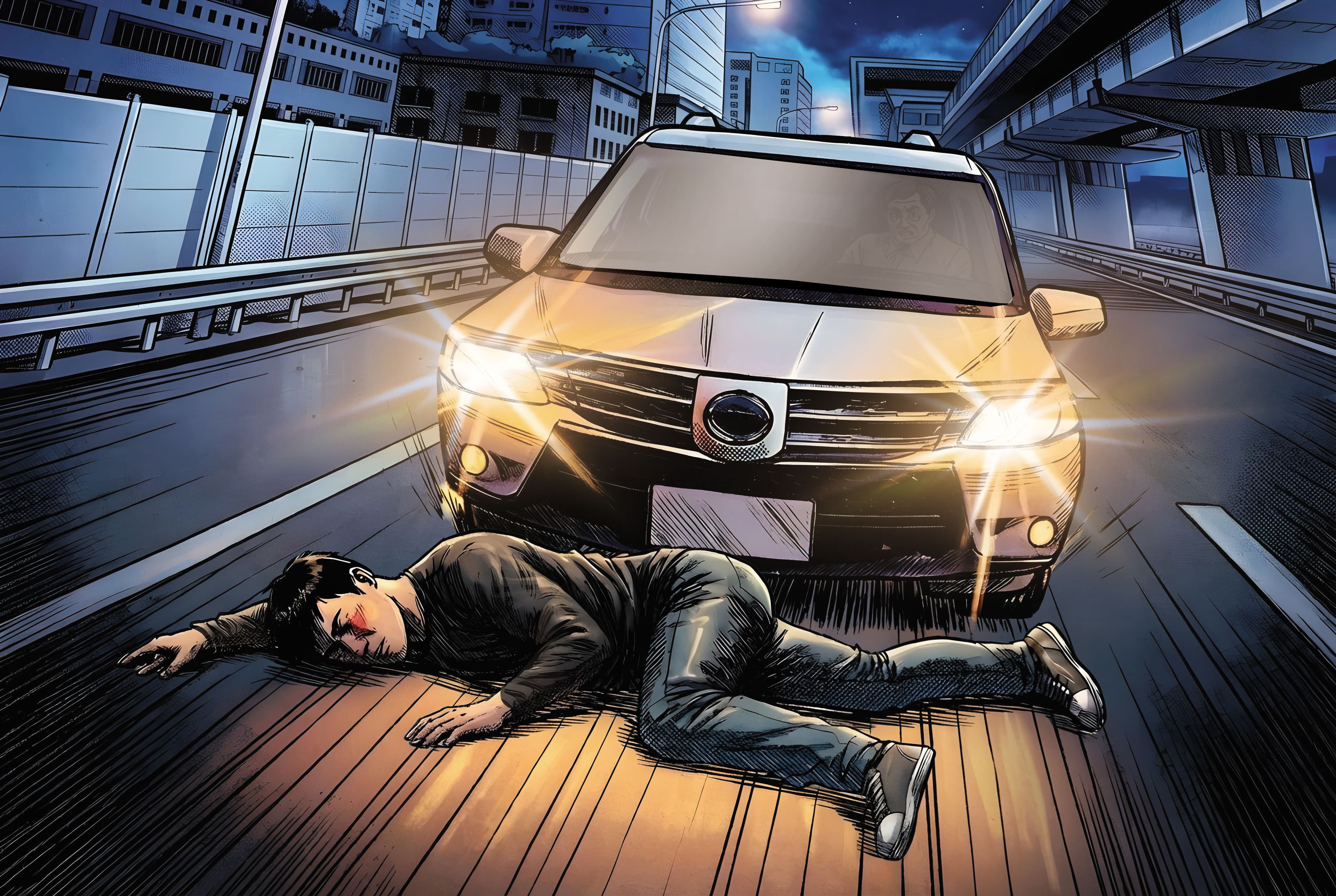 溫男被丟包後慘遭4車撞擊,頭部嚴重受創,肢體多處骨折,不幸身亡。(AI繪圖FREEPIK生成,本刊美術組後製)