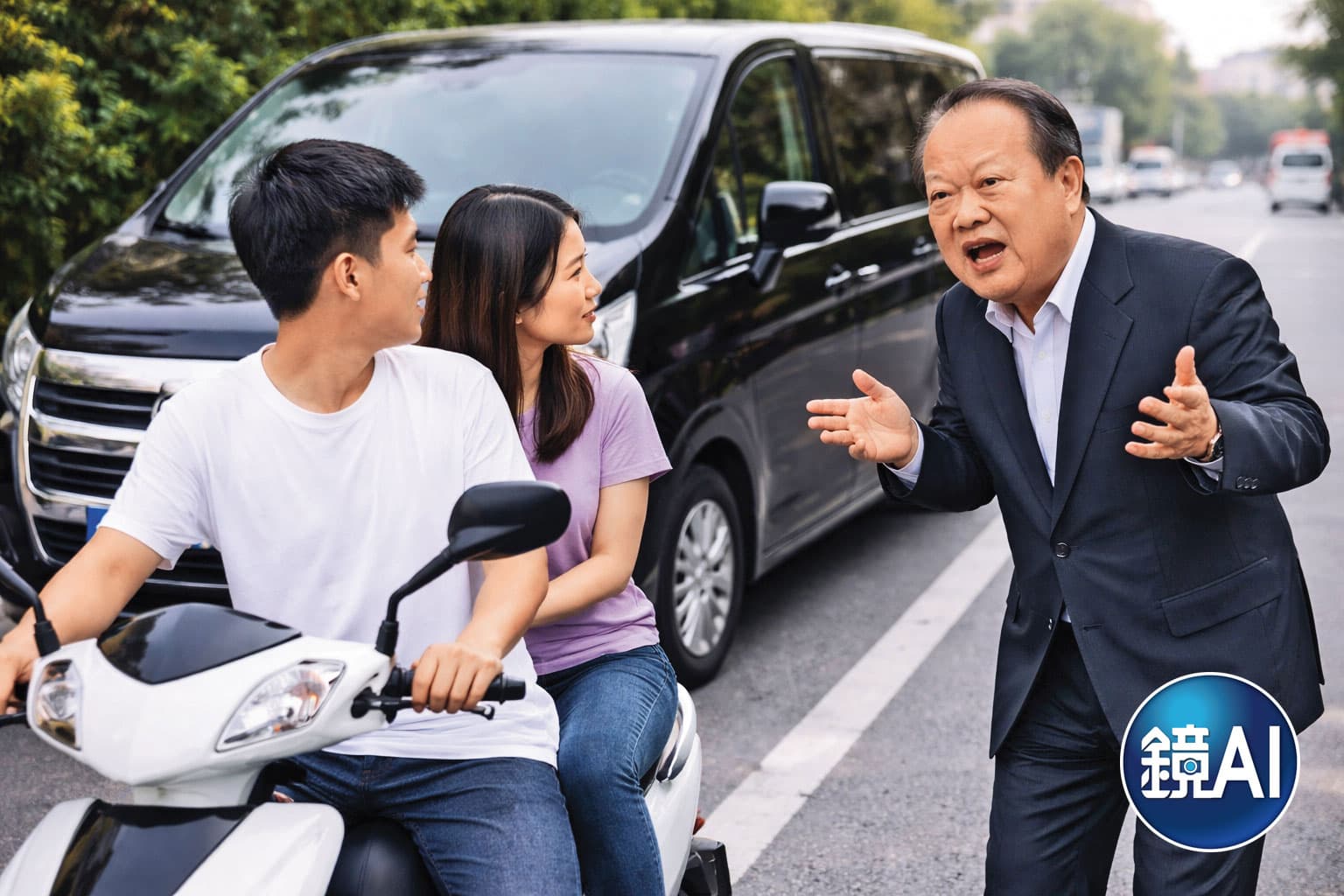 時任台南市長蘇南成(右)弔唁帝王飯店死者時,巧遇關係人婷婷,並說服她到案說明。(AI生成示意圖)