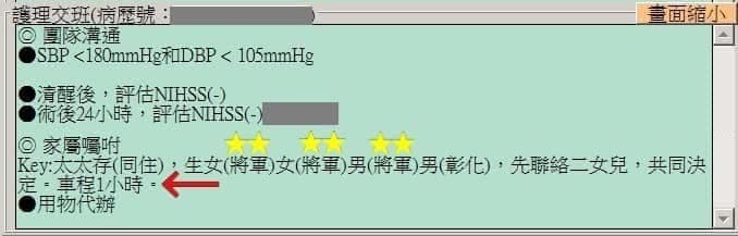 陳志金查房時看到護理交班記錄,一度以為病人家屬中出了3位「將軍」。(翻攝自Icu醫生陳志金臉書)
