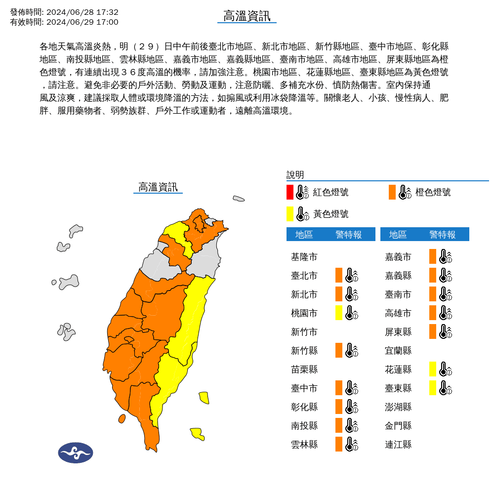 中央氣象署發布高溫資訊,北北桃等15縣市都亮起警示燈。(中央氣象署提供)