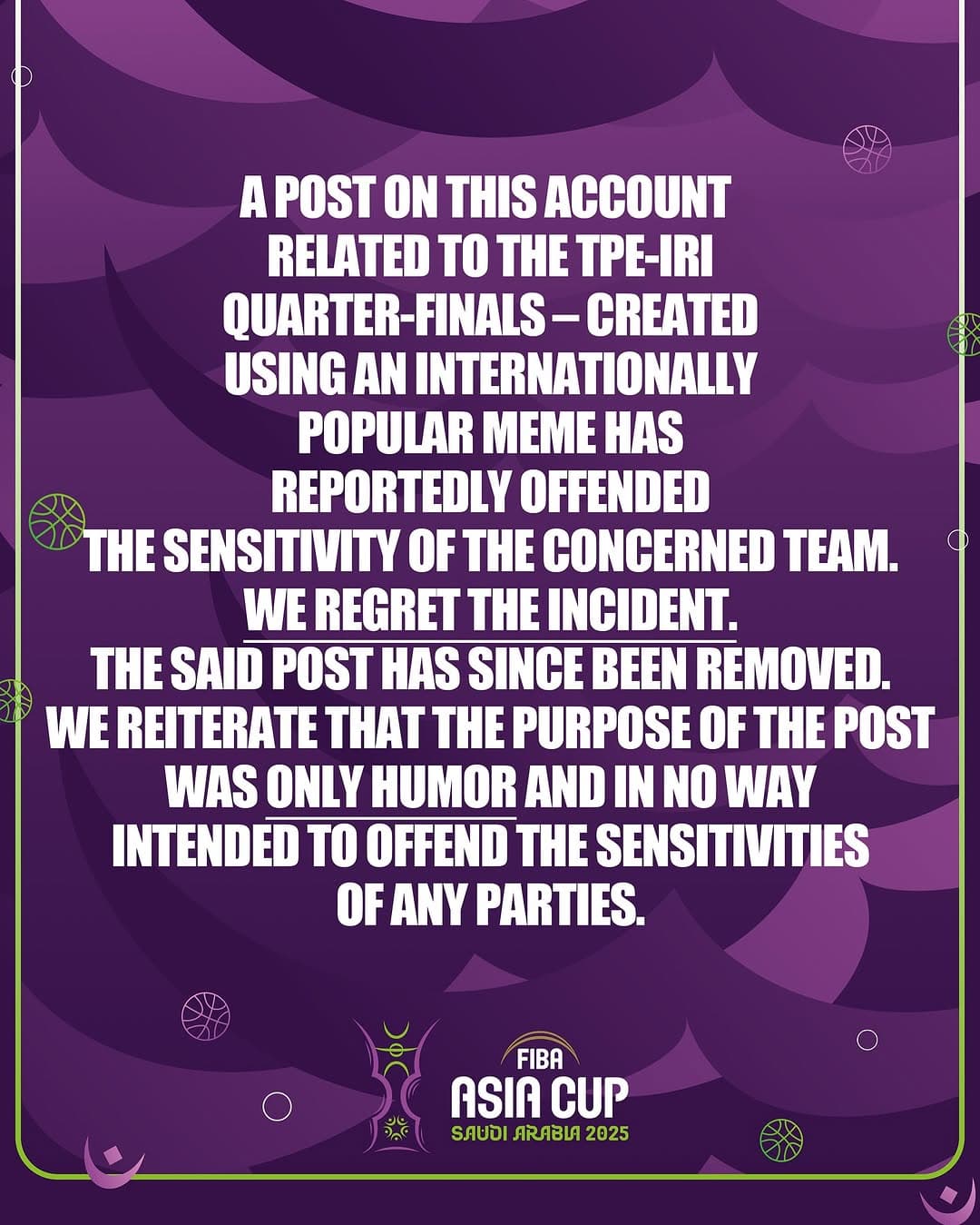 FIBA Asia Cup官方IG帳號發哏圖嘲諷台灣男籃遭伊朗逆轉,下架貼文後稱只是想幽默一下,絕無冒犯之意。(翻攝自IG@asiacup)