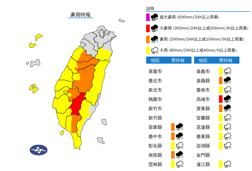 今日高雄市山區將有局部豪雨或大豪雨,苗栗縣山區、台中市山區、南投縣山區、嘉義縣山區及屏東縣山區有局部大雨或豪雨的可能。(中央氣象署提供)