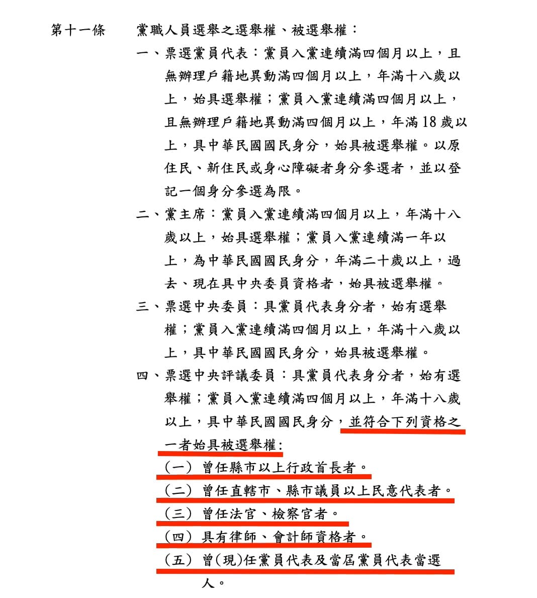 民眾黨本月11日中央委員會修正通過《黨職人員選舉辦法》,新增5條件(紅線處)限縮中評委的候選資格。(讀者提供)