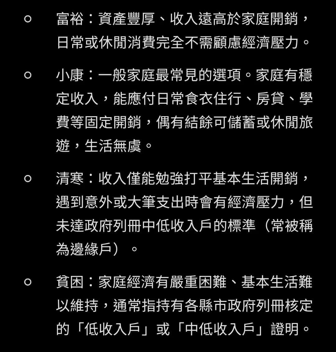 網友解釋,富裕、小康、清寒及貧困,其實有相當明確的標準。(翻攝自Threads)