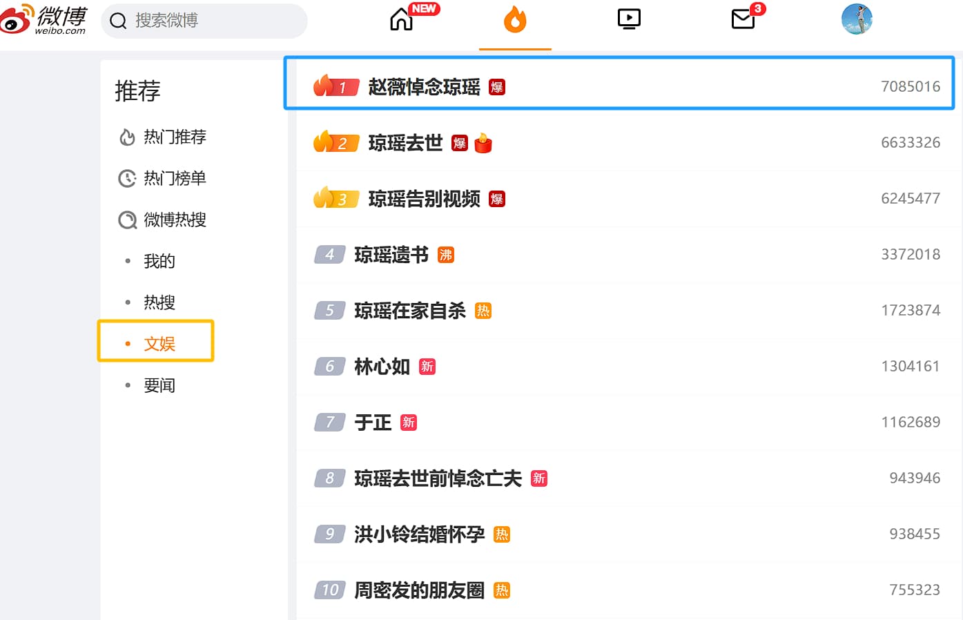 趙薇時隔3年更新微博,悼念伯樂瓊瑤,立刻衝上熱搜第一。(翻攝自微博)