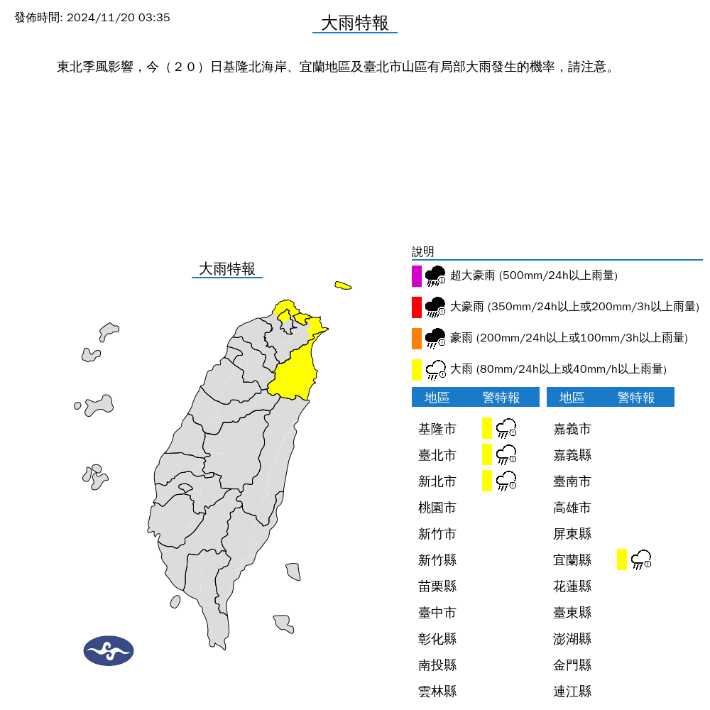 氣象署今針對4縣市發布大雨特報。(翻攝自氣象署官網)
