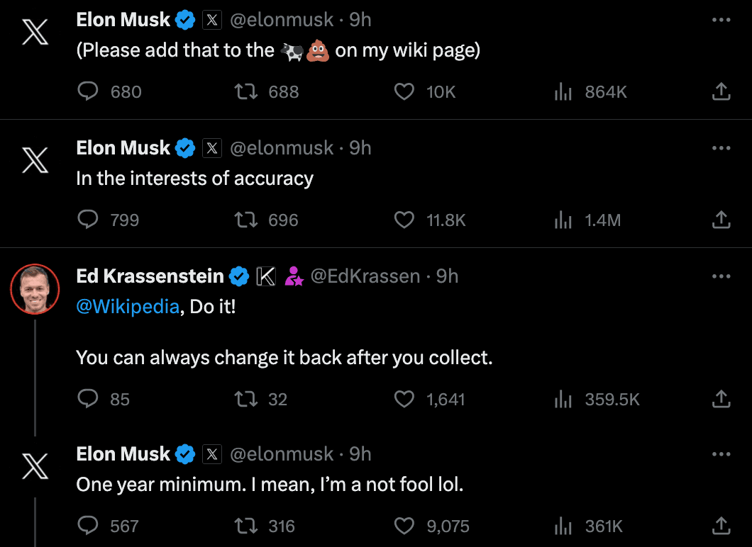 馬斯克補充改名要維持至少1年,笑稱自己不是傻子。(翻攝自X@elonmusk)