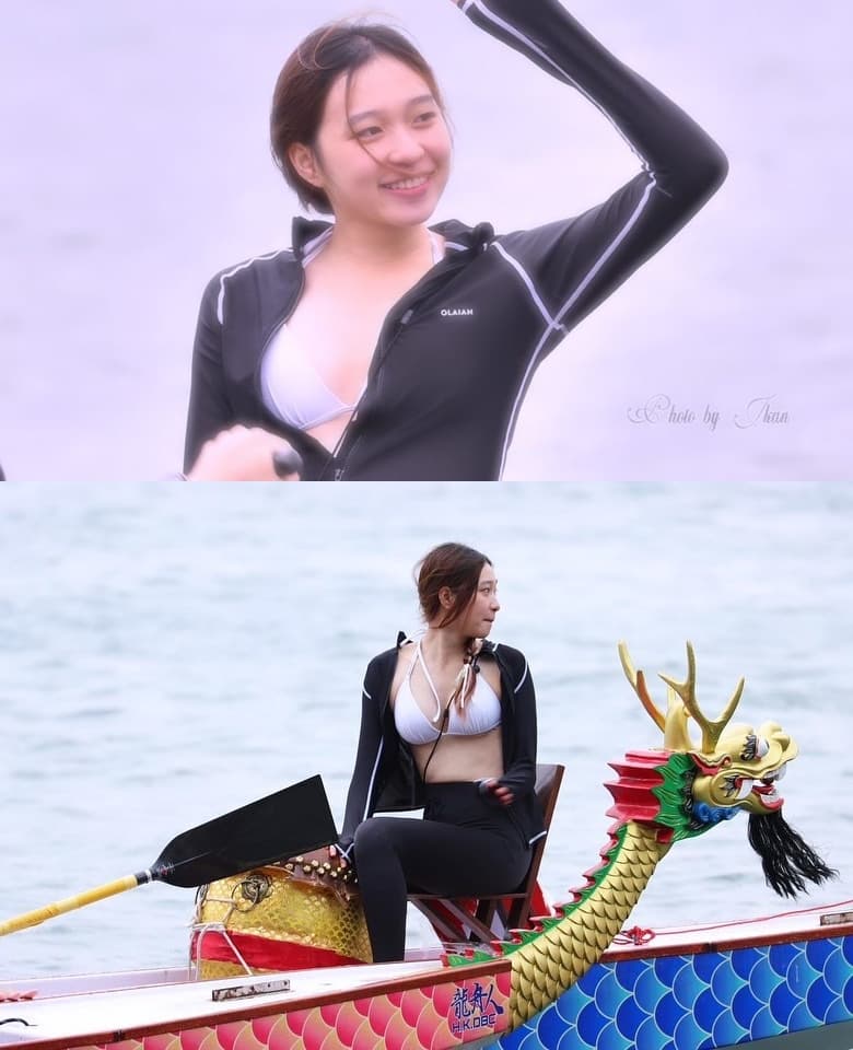 Yiwo與朋友參與香港龍舟訓練比賽,上半身穿比基尼,露出美胸吸睛。(翻攝IG@duckyiwo)