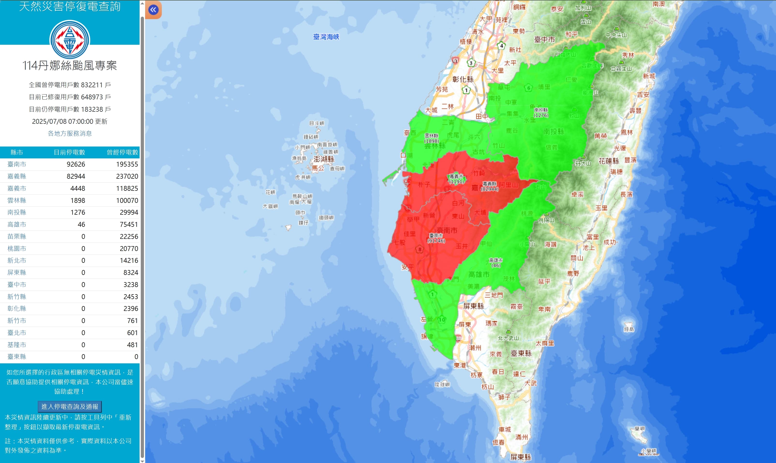 這回颱風一度造成83萬戶停電,目前已修復近65萬戶,仍有18萬戶還處於停電狀態。(翻攝自台電網站)