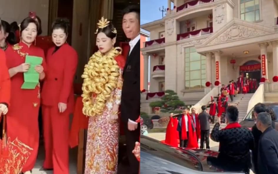新娘出嫁時脖子上掛滿金手鐲串成的項鍊,迎娶場面盛大。(翻攝微博)