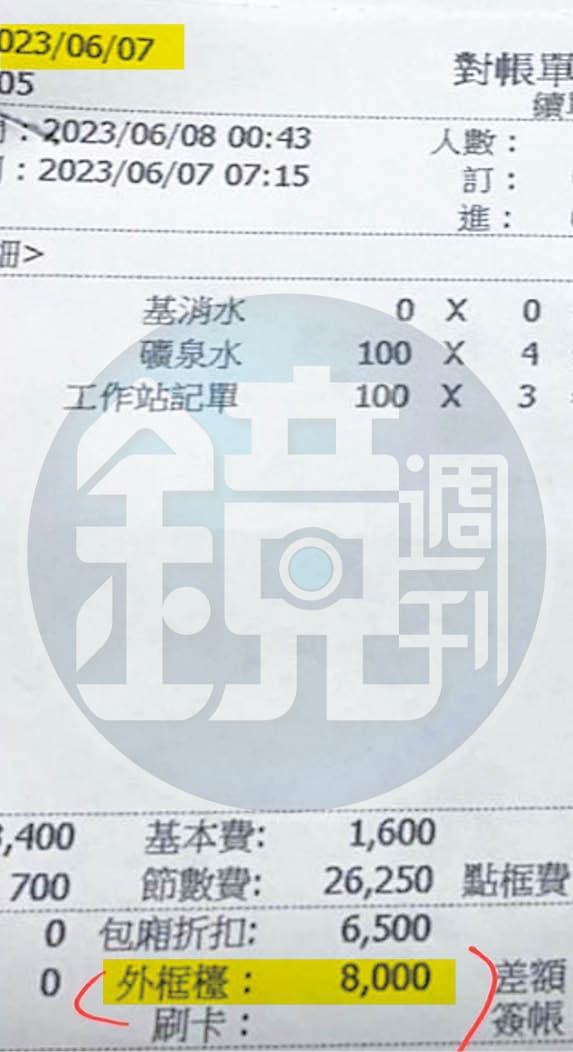 咼昇華提供本刊的酒店帳單顯示,林昭印當初「外框」費用是8,000元。(咼昇華提供)