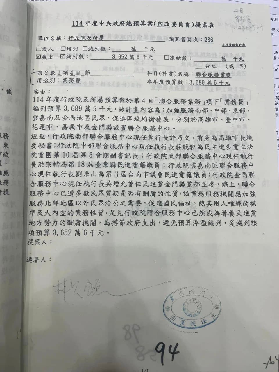 國民黨林思銘提案刪除99%行政院聯合服務中心業務費預算,經表決通過,引發綠營砲轟。(翻攝自洪宗楷臉書)