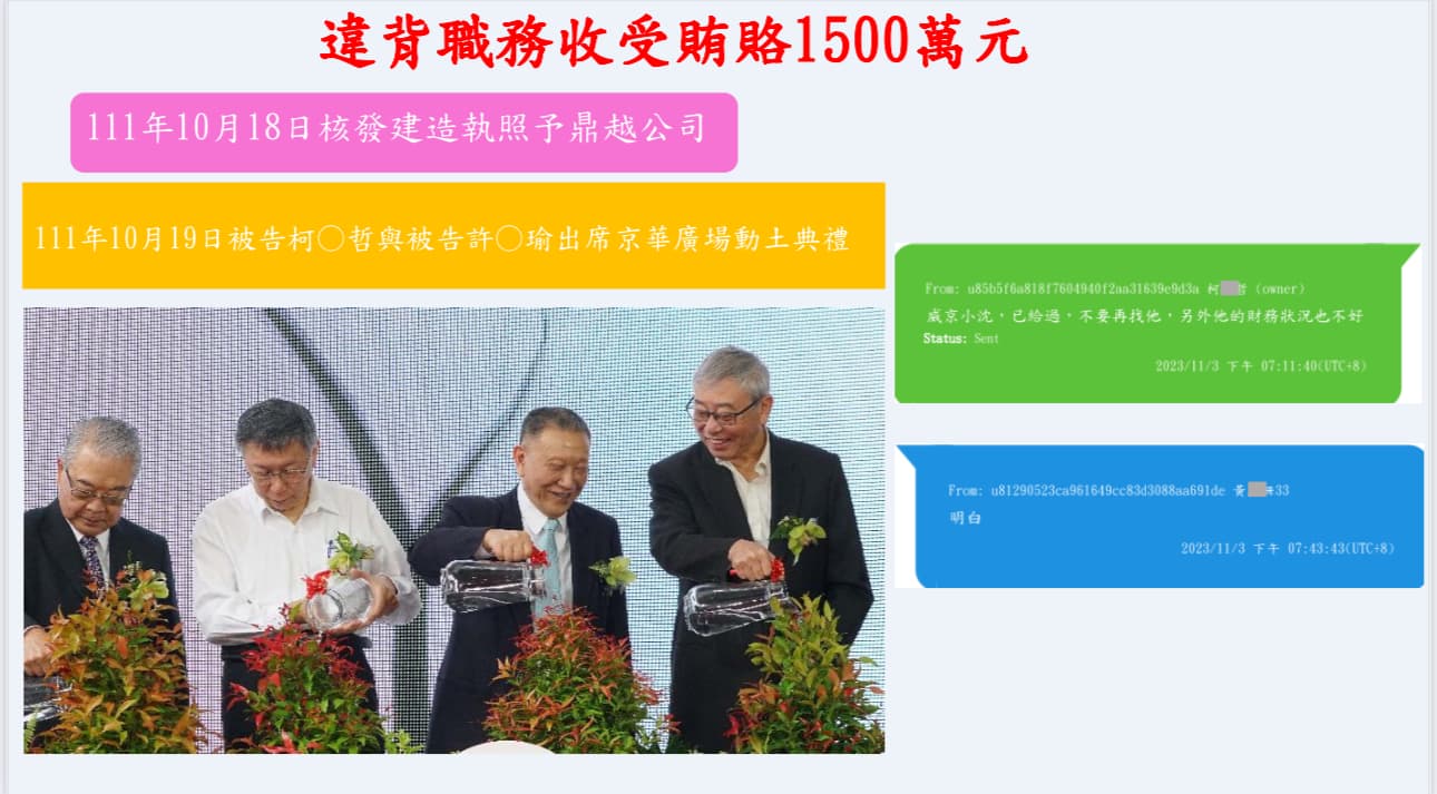 台北地檢署公布柯文哲與黃珊珊簡訊,視為收賄鐵證。(台北地檢署提供)