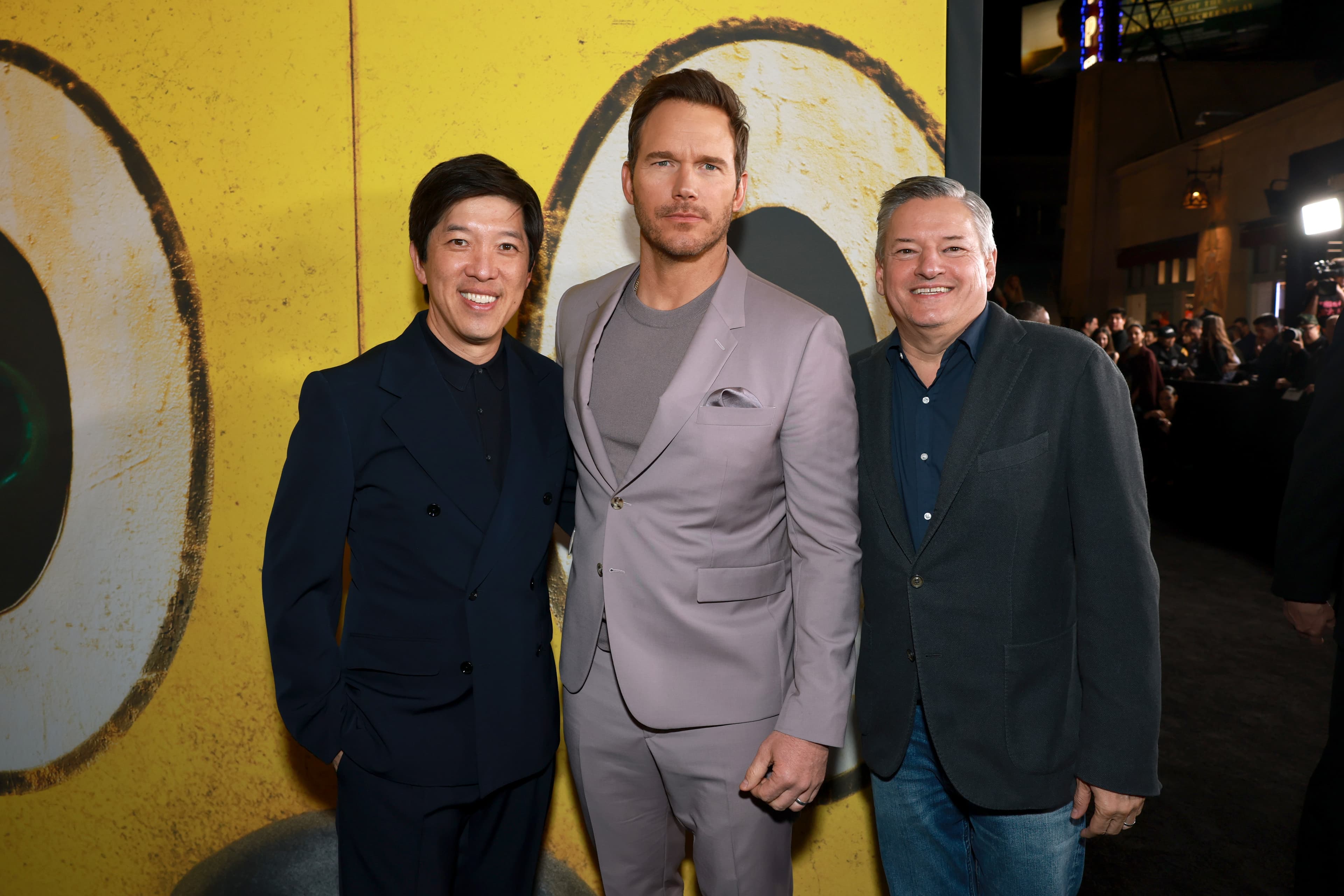 Netflix電影主席林暐(左起)、克里斯普瑞特、Netflix聯合執行長泰德薩蘭多斯。(Netflix提供)