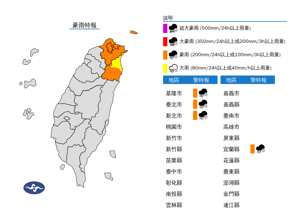 氣象署今晨針對4縣市發布豪雨特報。(中央氣象署提供)