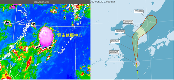 今晨2時衛星雲圖顯示,受到強垂直風切影響,「雲雀」高低層分離,強對流在低層環流中心的南南東方(左圖)。中央氣象署今晨2時「路徑潛勢預測圖」顯示,輕颱「雲雀」偏北向朝鮮半島前進(右圖)。(翻攝自「三立準氣象.老大洩天機」)