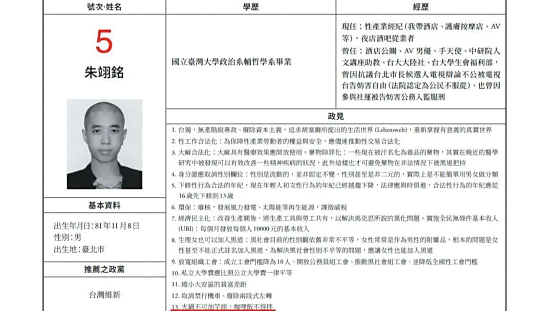 孫安佐經紀人朱翊銘曾二度參選立委,政見也被網友討論。 (翻攝自選舉公報)